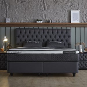 skybedd boxspring chestybedd – antraciet – 140×200 – met bergruimte