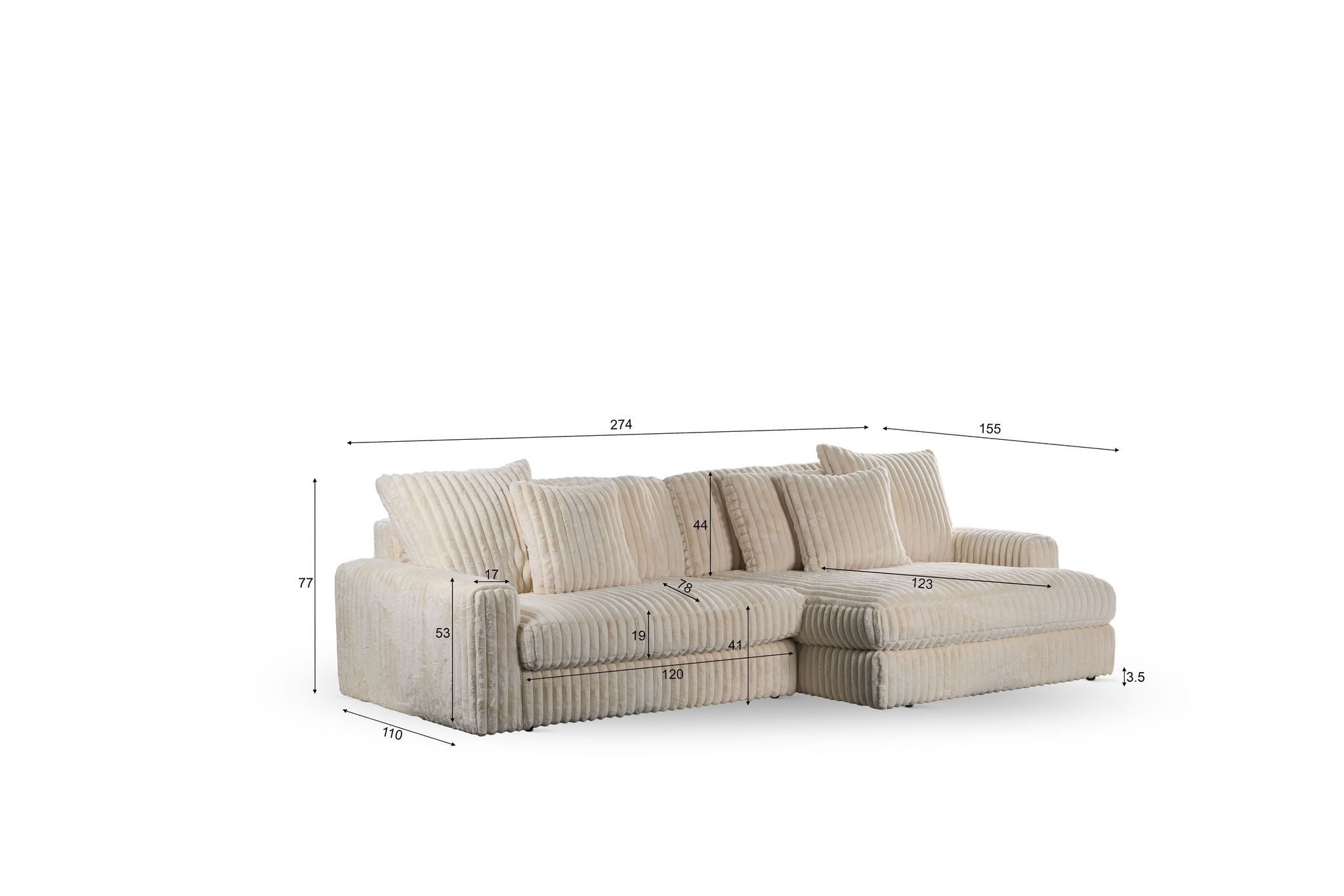 qnus wonen 3-zitsbank met chaise longue - beige - Afbeelding 10